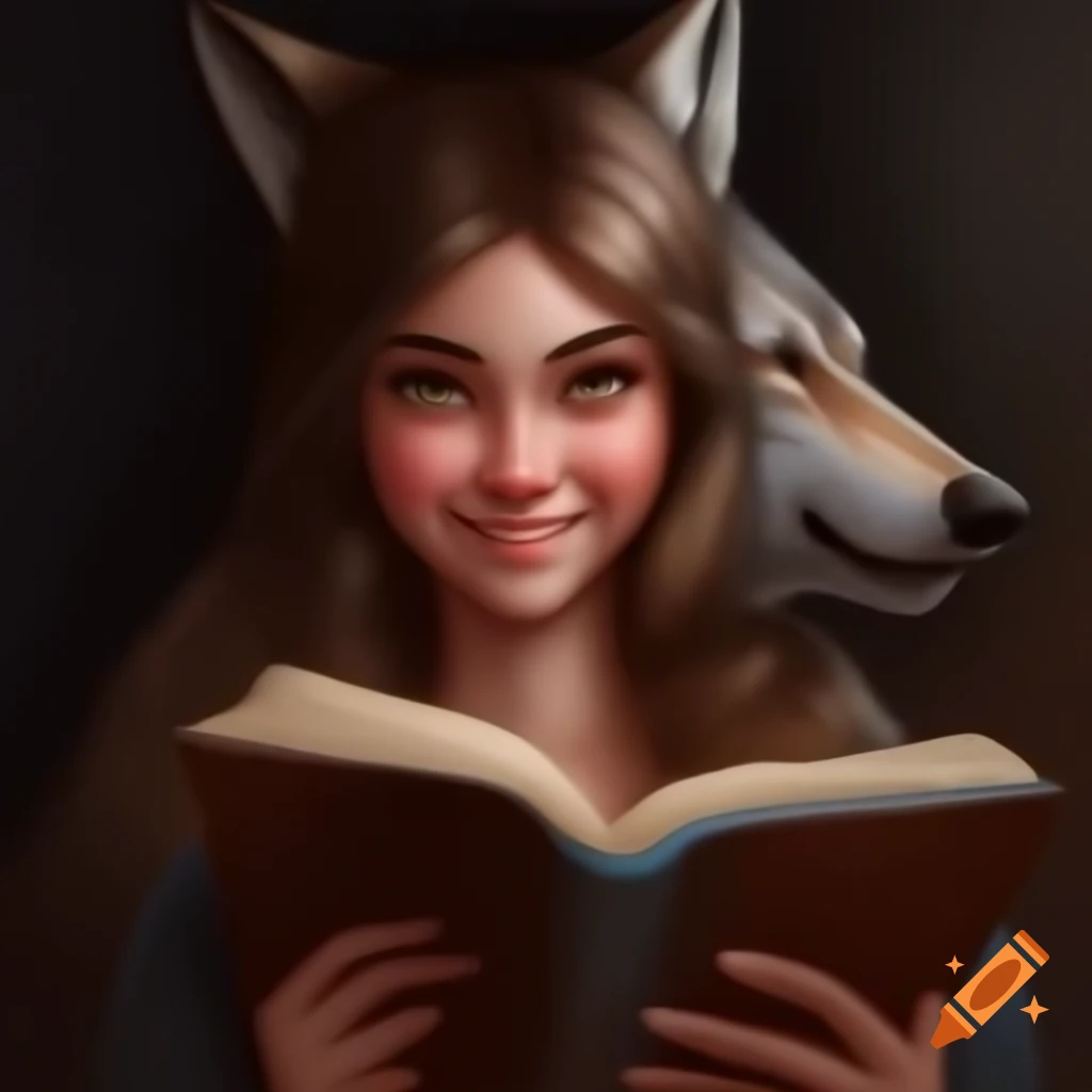 Woman with realistic wolf sharing a conspiratorial smile over a book, portrait style