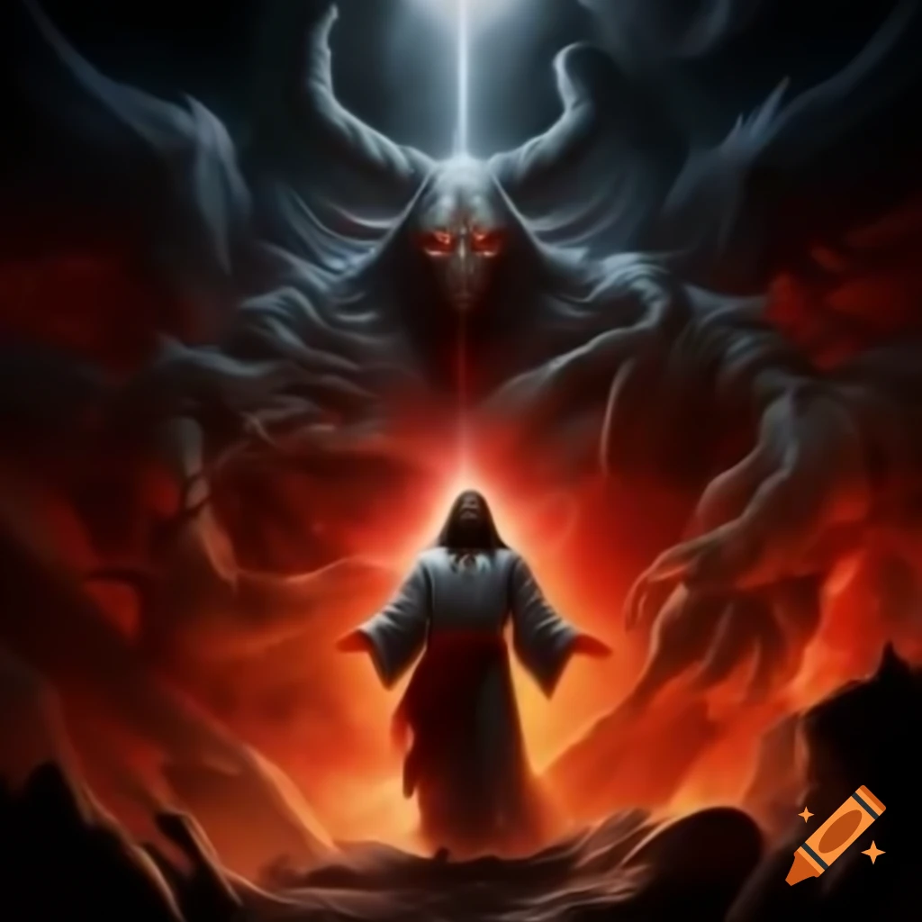 Epic battle between a radiant figure and a towering demonic figure with horns