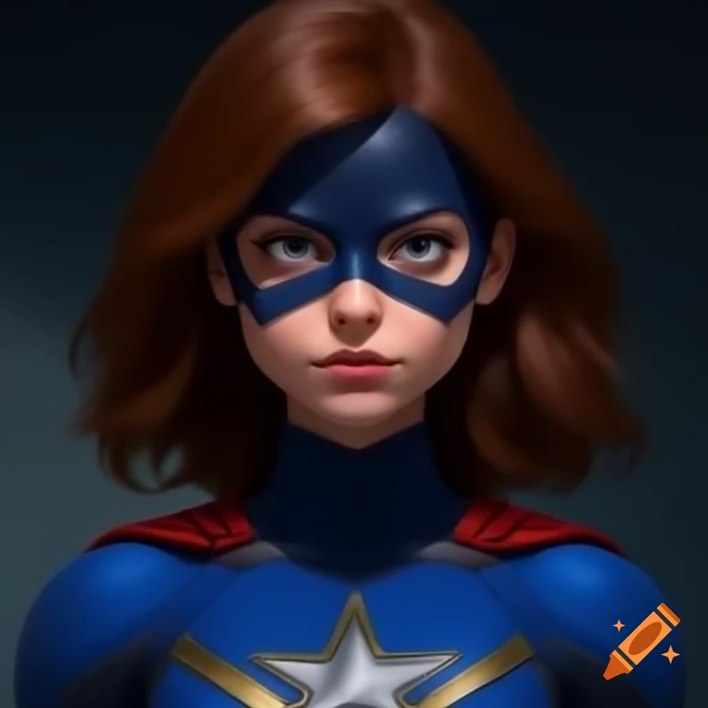Female superhero character with intense gaze in central focus
