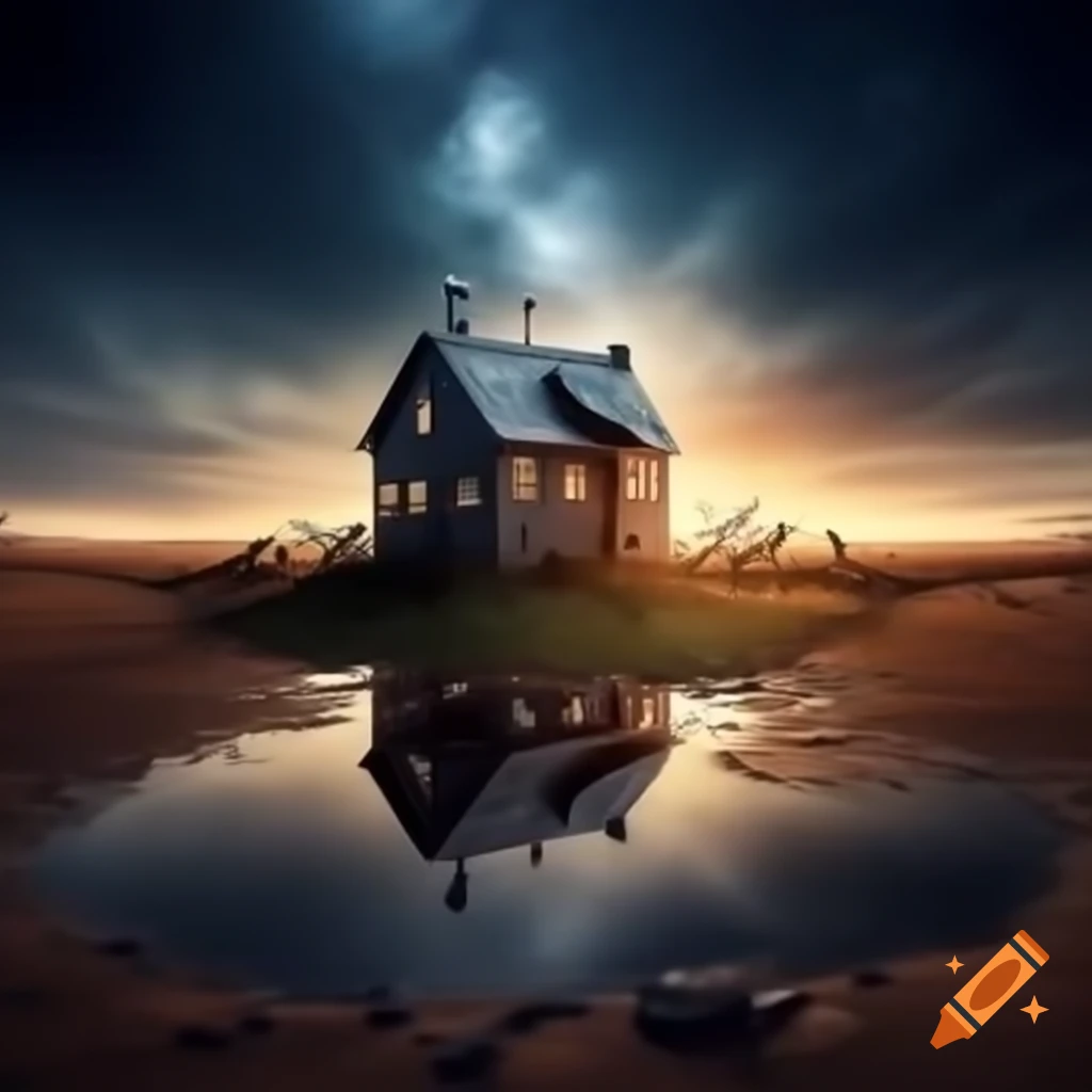 Iron house on dry land with wet grass at dawn, stars and drizzle
