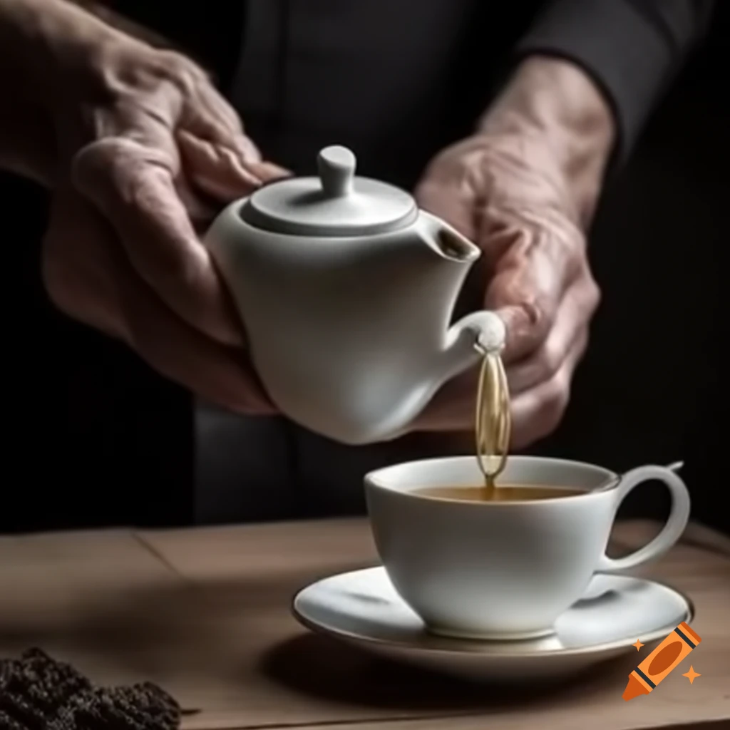 Karak white tea held by elderly hands with natural scenery in background