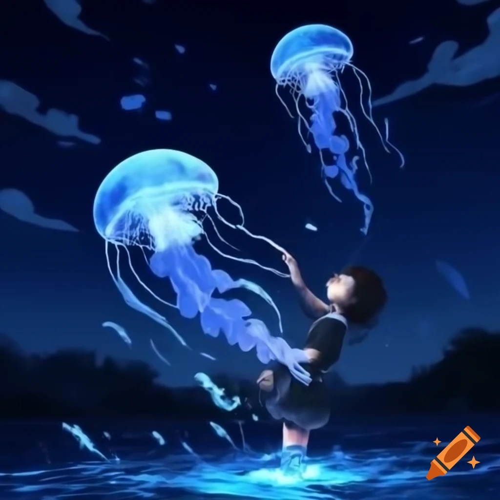 Anime woman emerging from water with glowing jellyfish at night