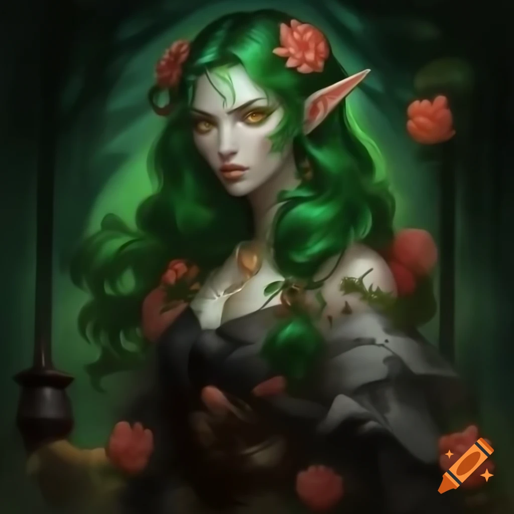 Strong druid girl with dark green hair in black gown walking through dark forest with lantern