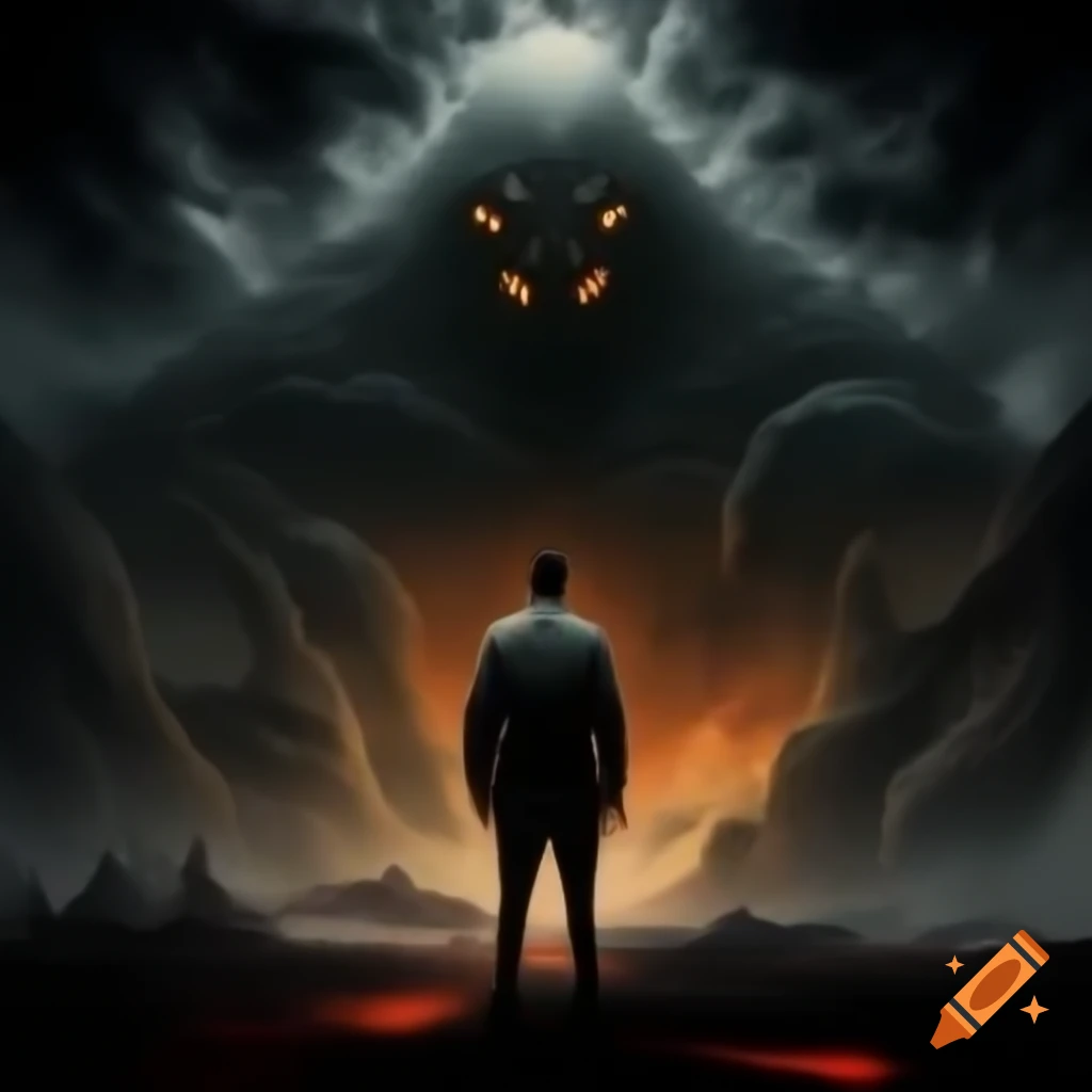 Man confronting monstrous figure in dark landscape