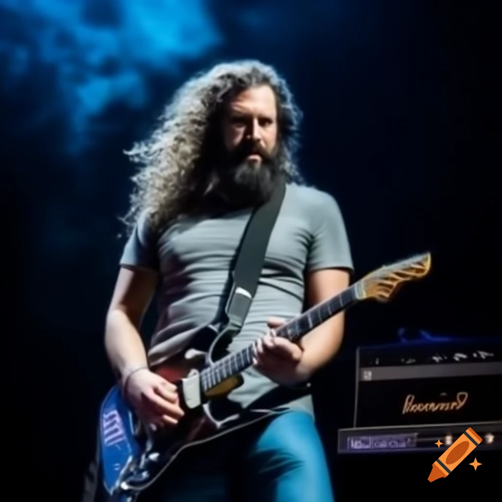 Man with curly hair and beard playing electric guitar on stage with dark blue background