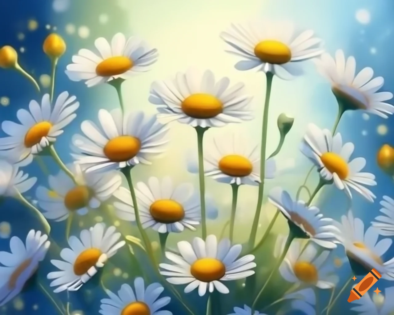Tiny luminous daisies in watercolor shades of gold, silver, and white in storybook style