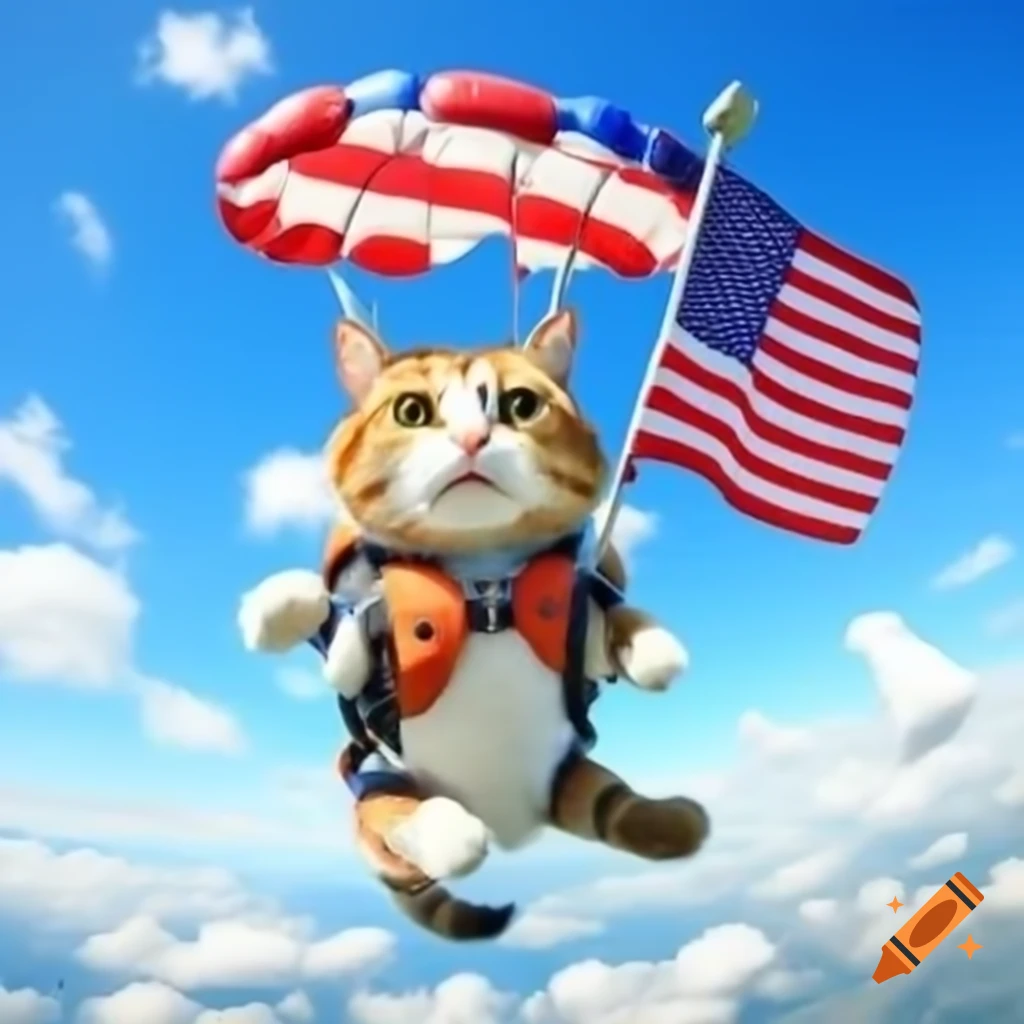 Cat skydiving while holding American flag