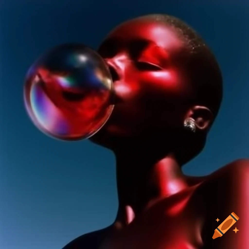 Iridescent red glass statue in pop surreal 2000's style photography