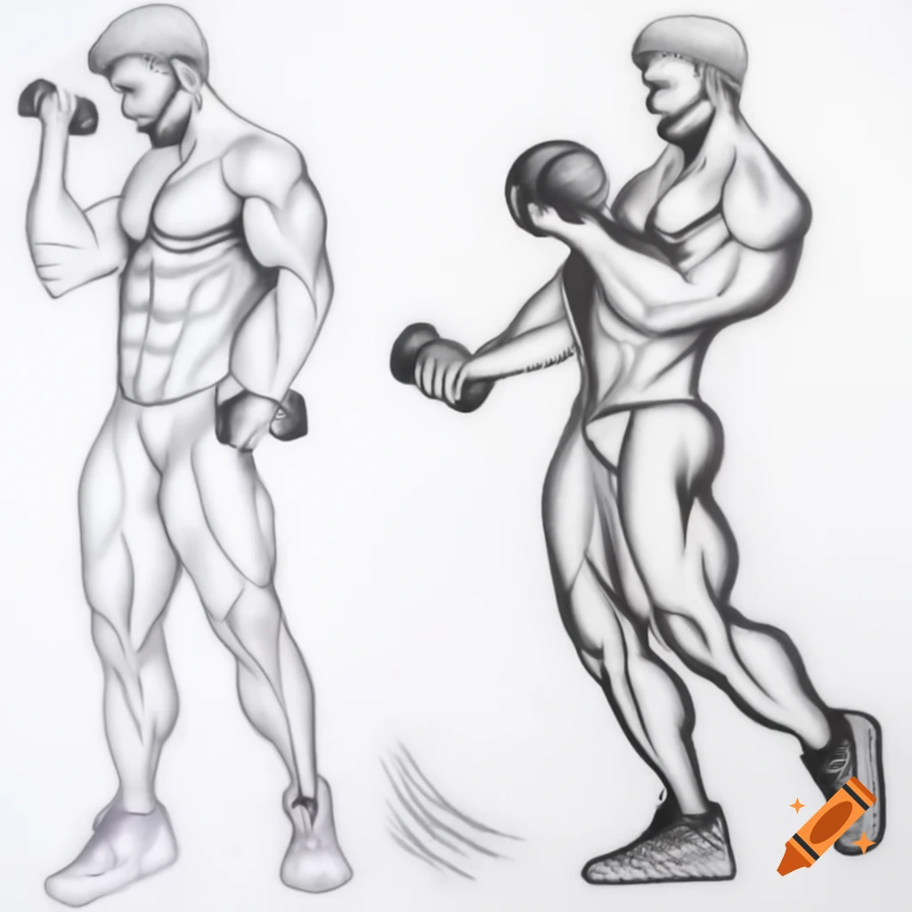 Detailed pencil sketch of a person lifting dumbbells during a workout