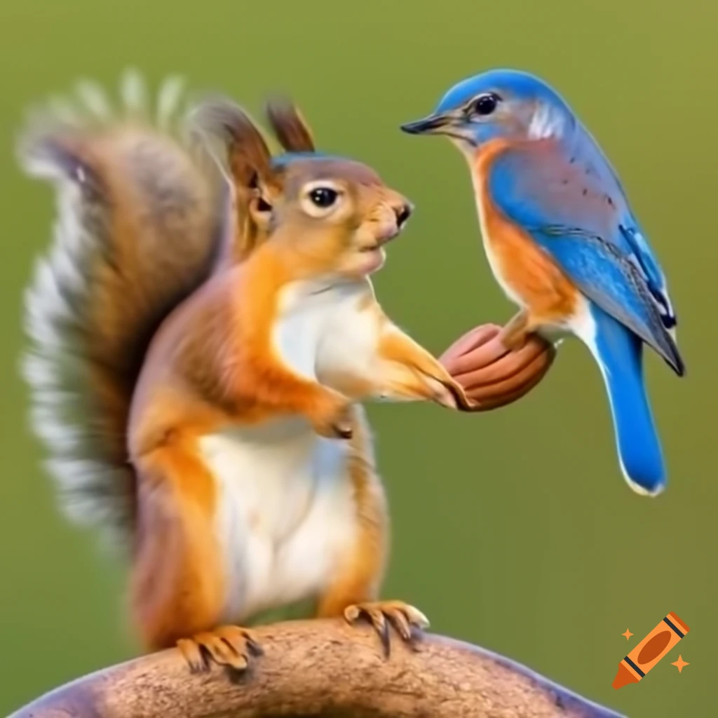 Squirrel and bluebird competing for peanut