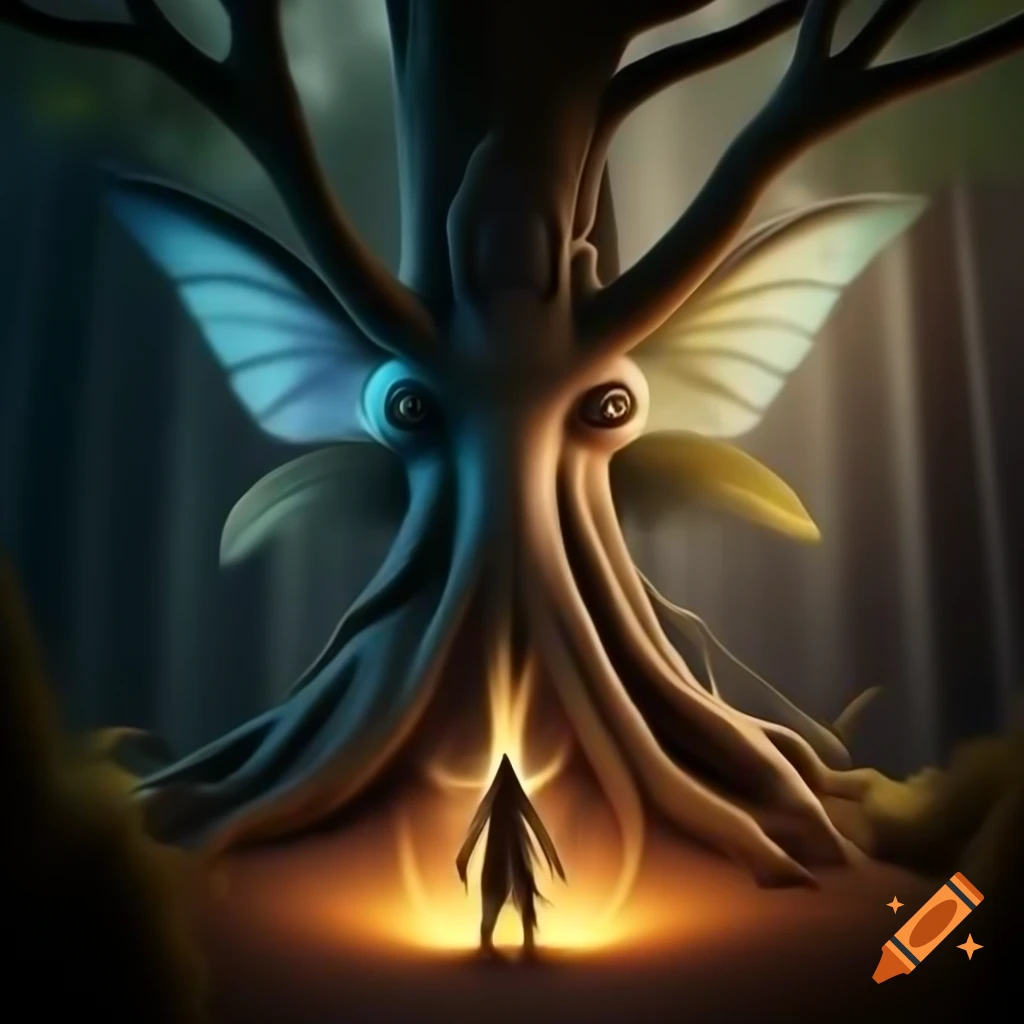 Photorealistic 3D render of a fairy beside a tree in a forest