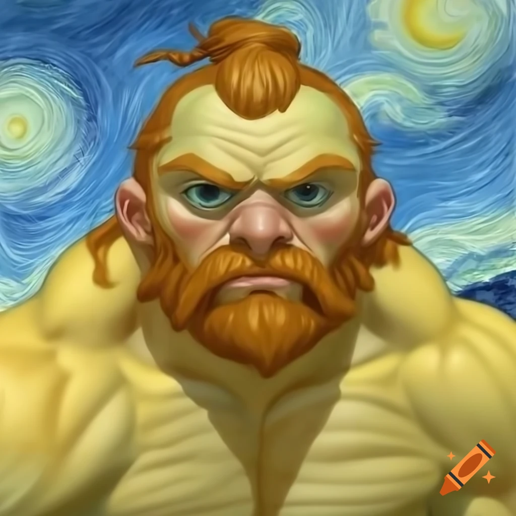Muscular warrior character illustrated in Van Gogh style