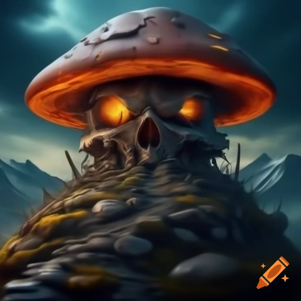 Post-apocalyptic mushroom house on skull-shaped mountain