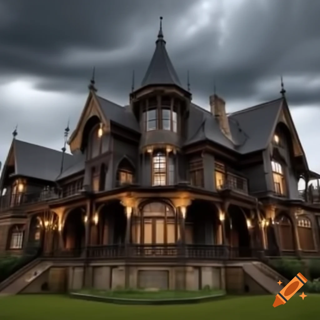 Isolated gothic mansion with Argentinian wood architecture against a stormy background