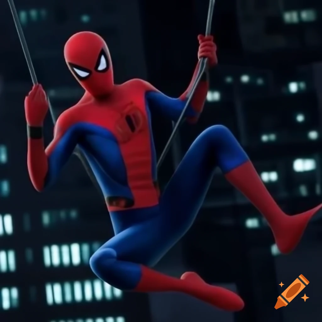 Spider-Man swinging through nighttime New York City