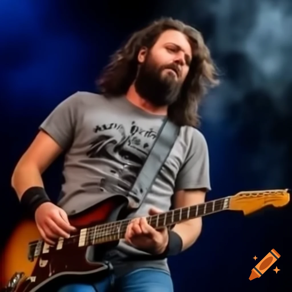 Man with curly hair and beard playing electric guitar on stage with dark blue background