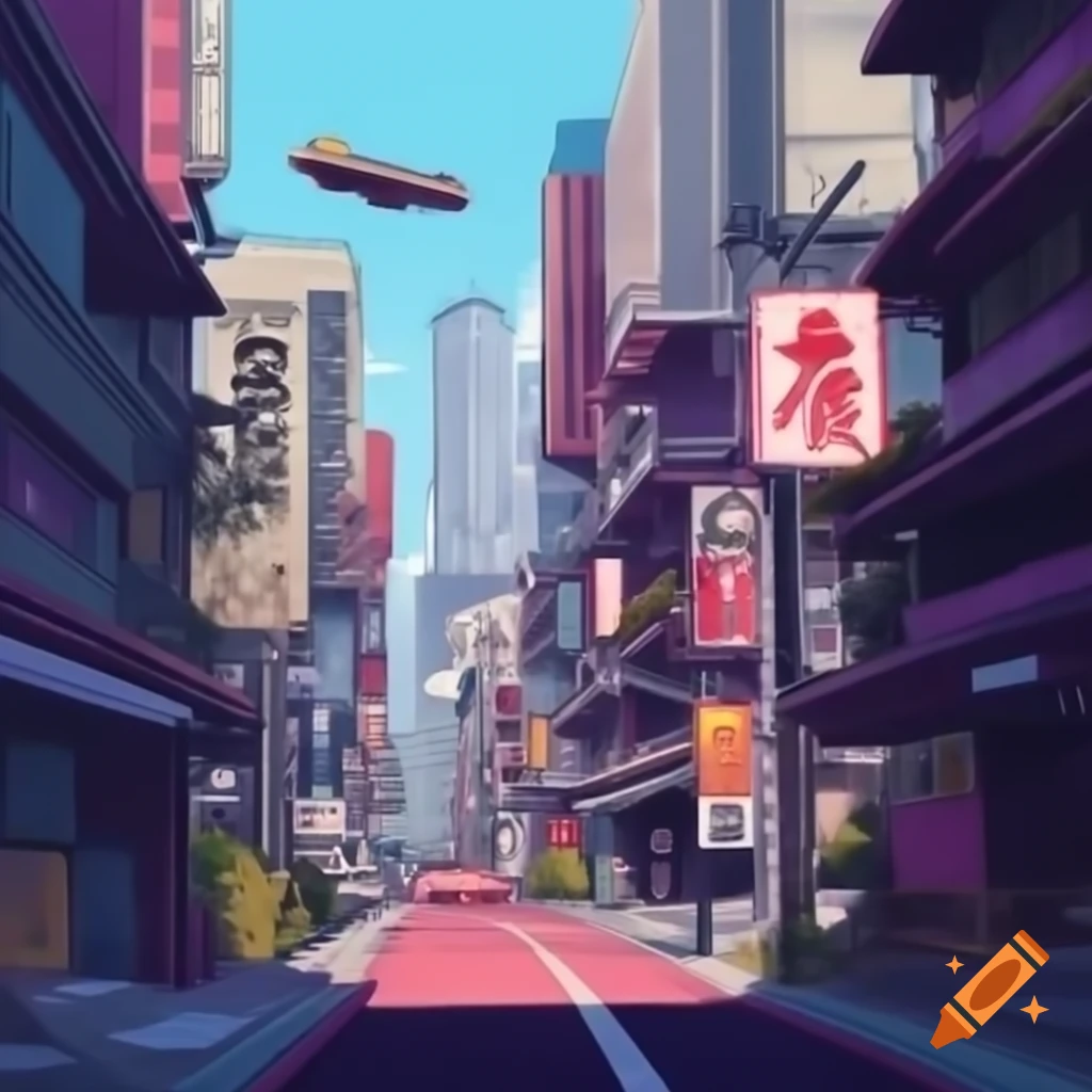 Futuristic cityscape with skyscrapers, flying cars, and bilingual signage in pink and dark colors