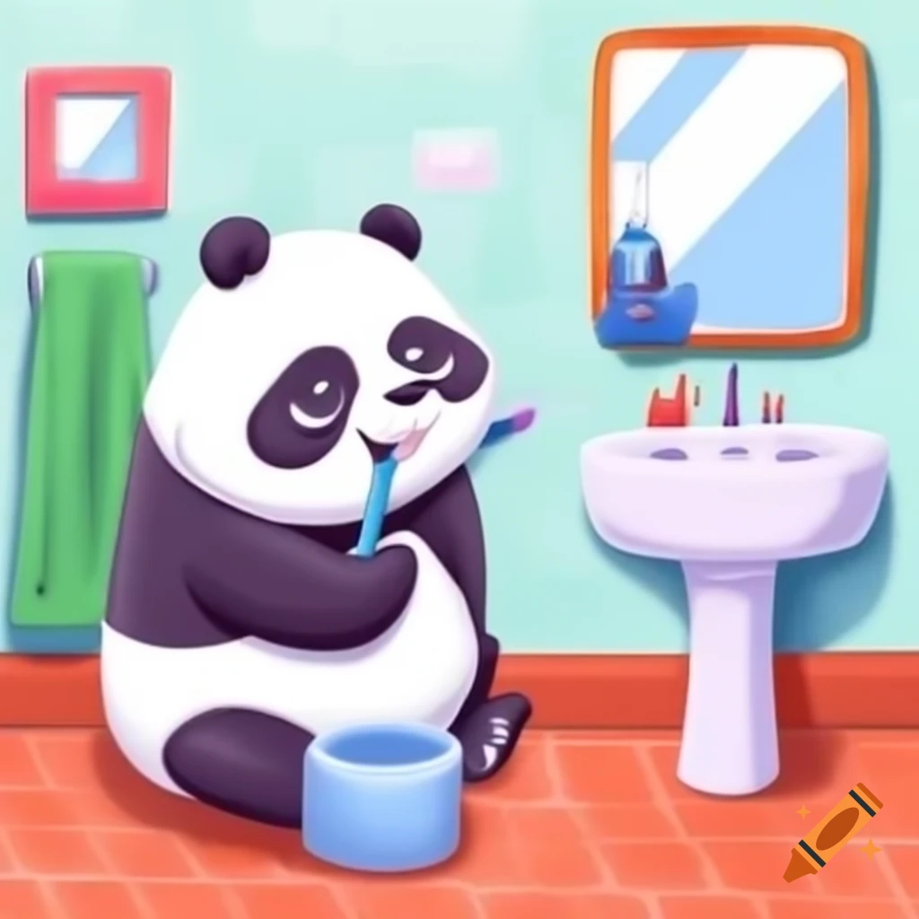 2-year-old panda brushing teeth in calm bathroom
