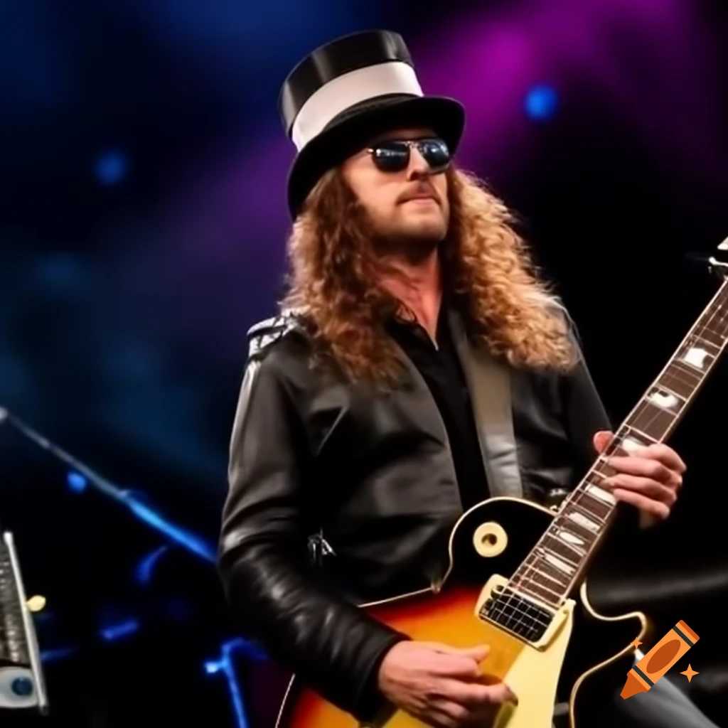 Man playing electric guitar on stage in black leather jacket and polka dot top hat