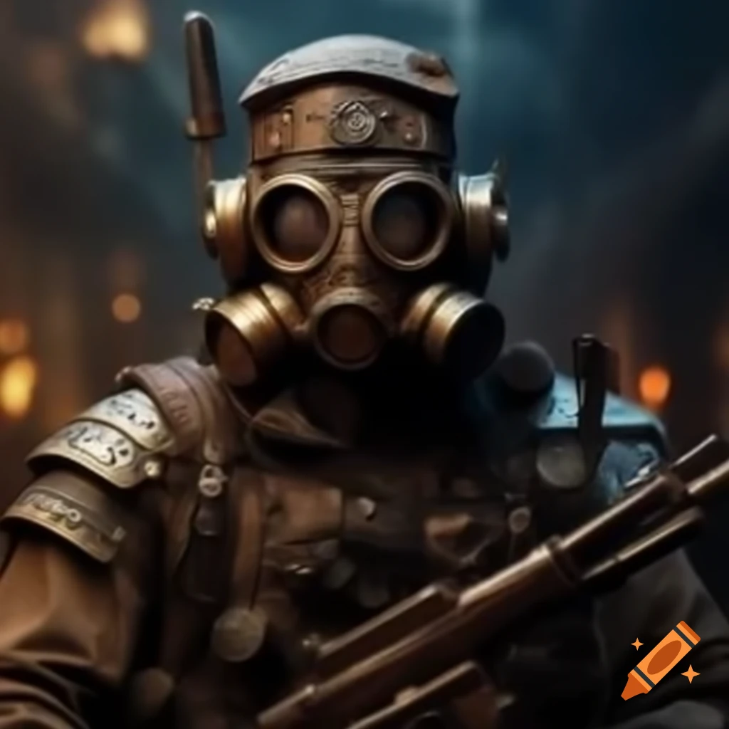 Steampunk warrior man wearing helmet and gas mask, holding machine gun
