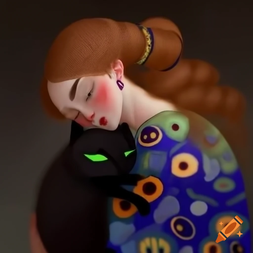 Middle-aged woman with brown hair in colorful dress holding a black cat with green eyes, Klimt and Vinci style