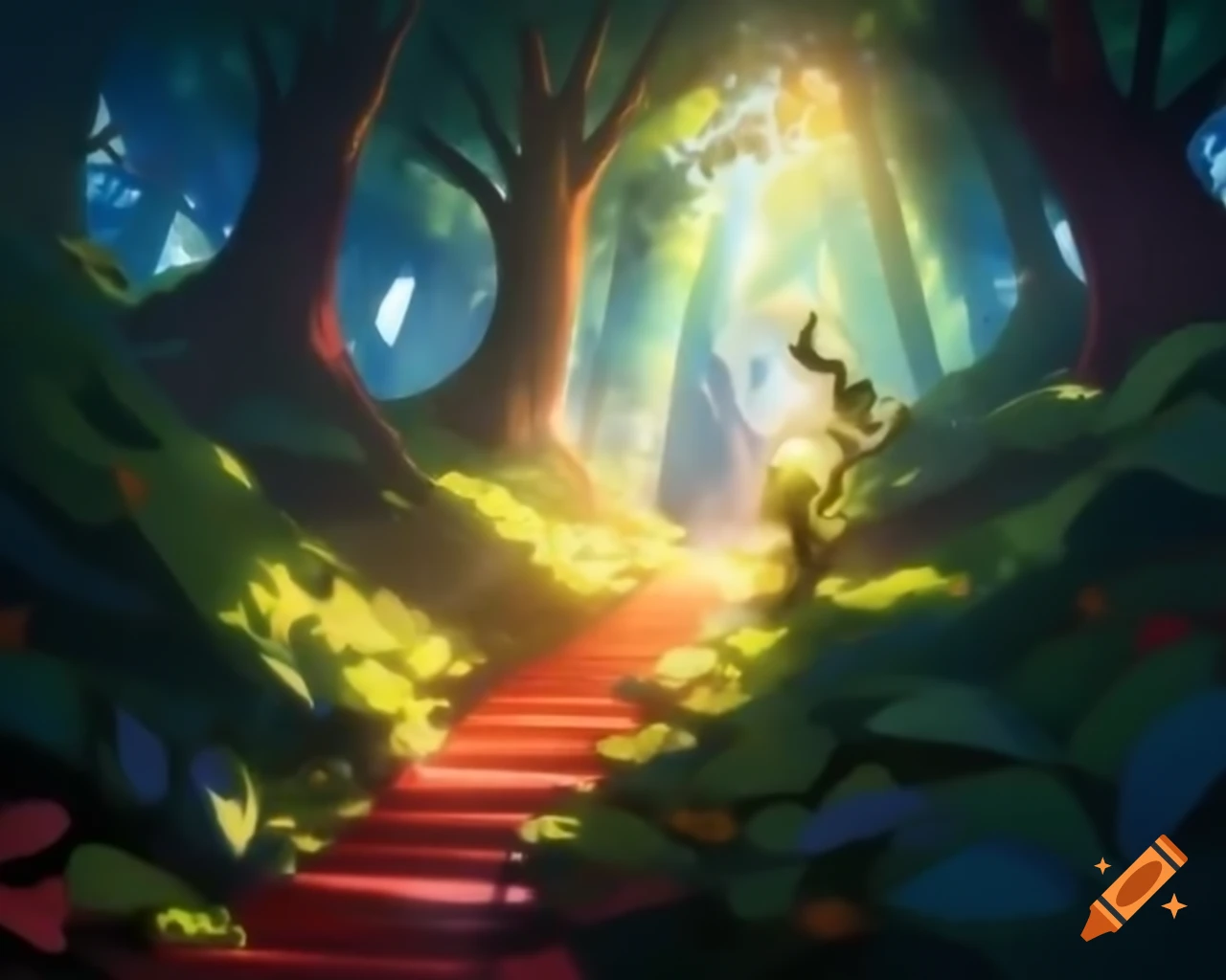 Enchanted world with sunlight through stained-glass trees creating rainbows
