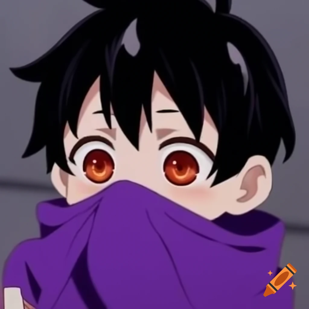 Anime boy chibi with black hair, white mask, and purple cloak