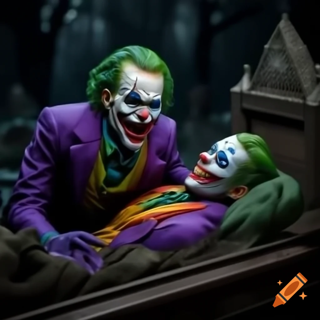 Realistic depiction of a joker in a coffin in a cemetery with creepy lighting