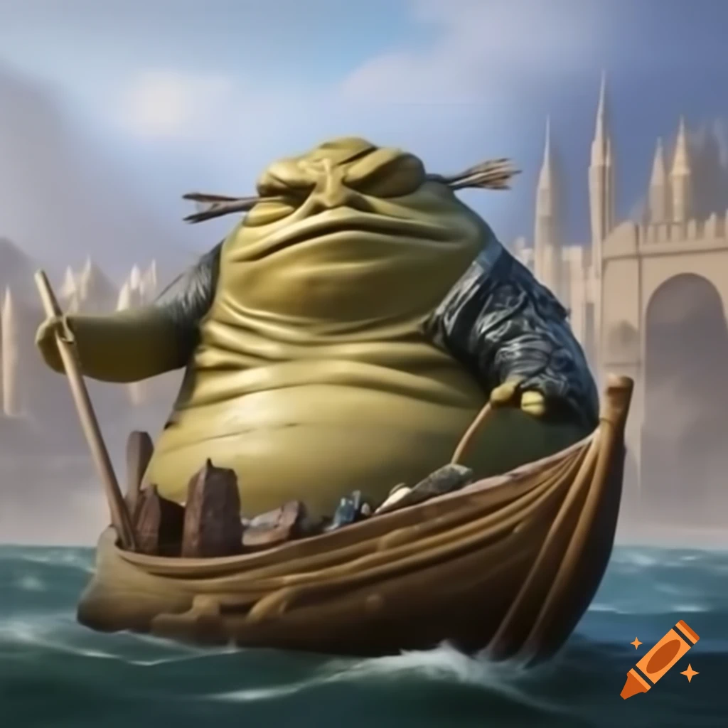Jabba the Hutt on skiff overlooking Tatooine palace and dunes