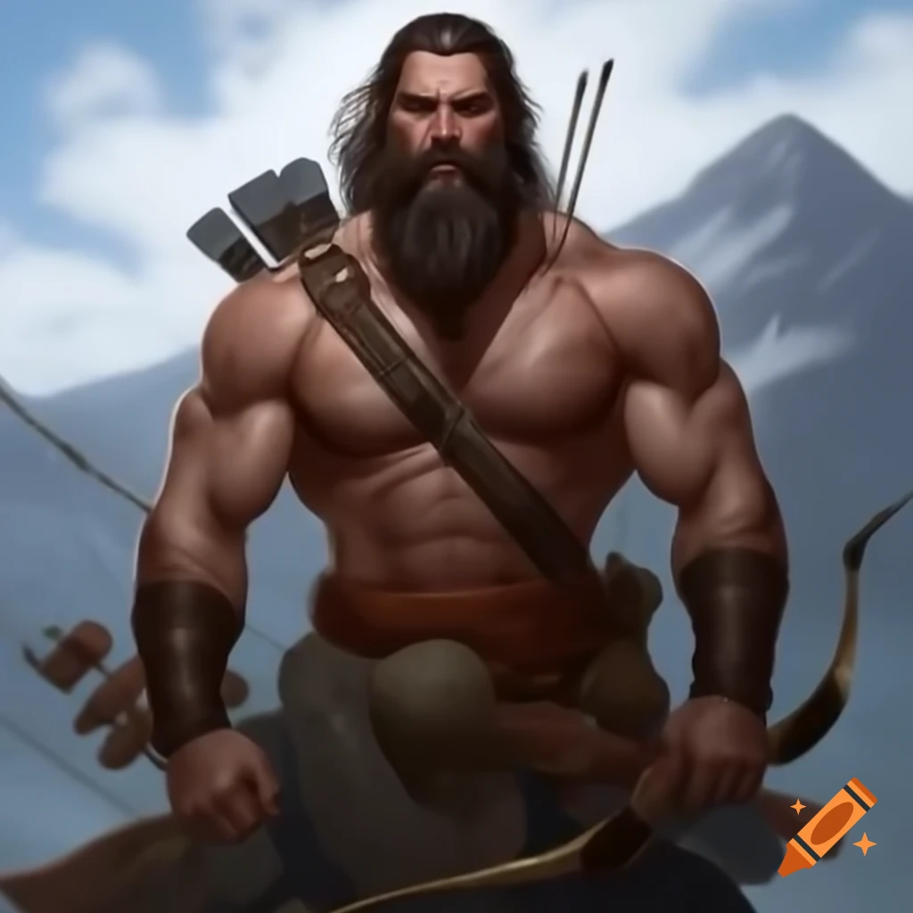 Muscular man with long beard on mountain holding drawn bow