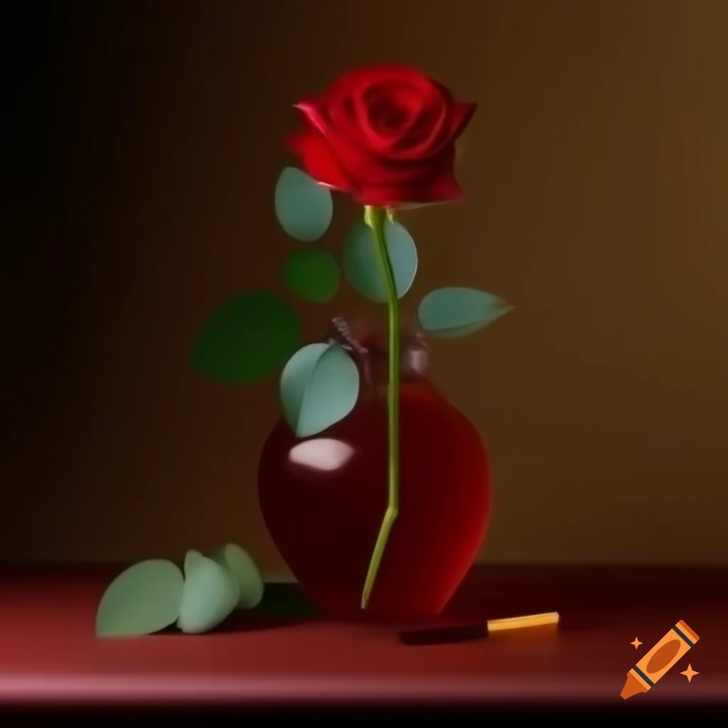 Still life featuring a red rose on a table with brown background