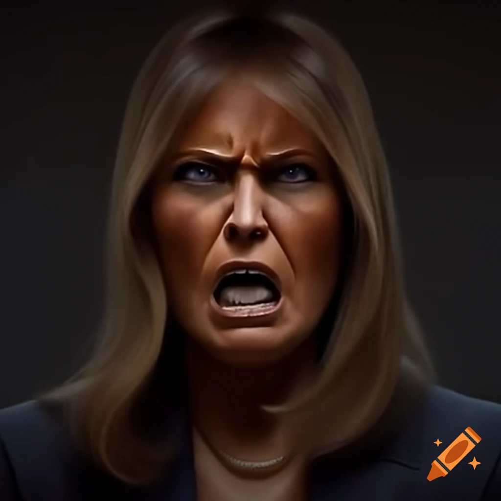 Melania Trump frowning and packing suitcase in detailed photorealistic style