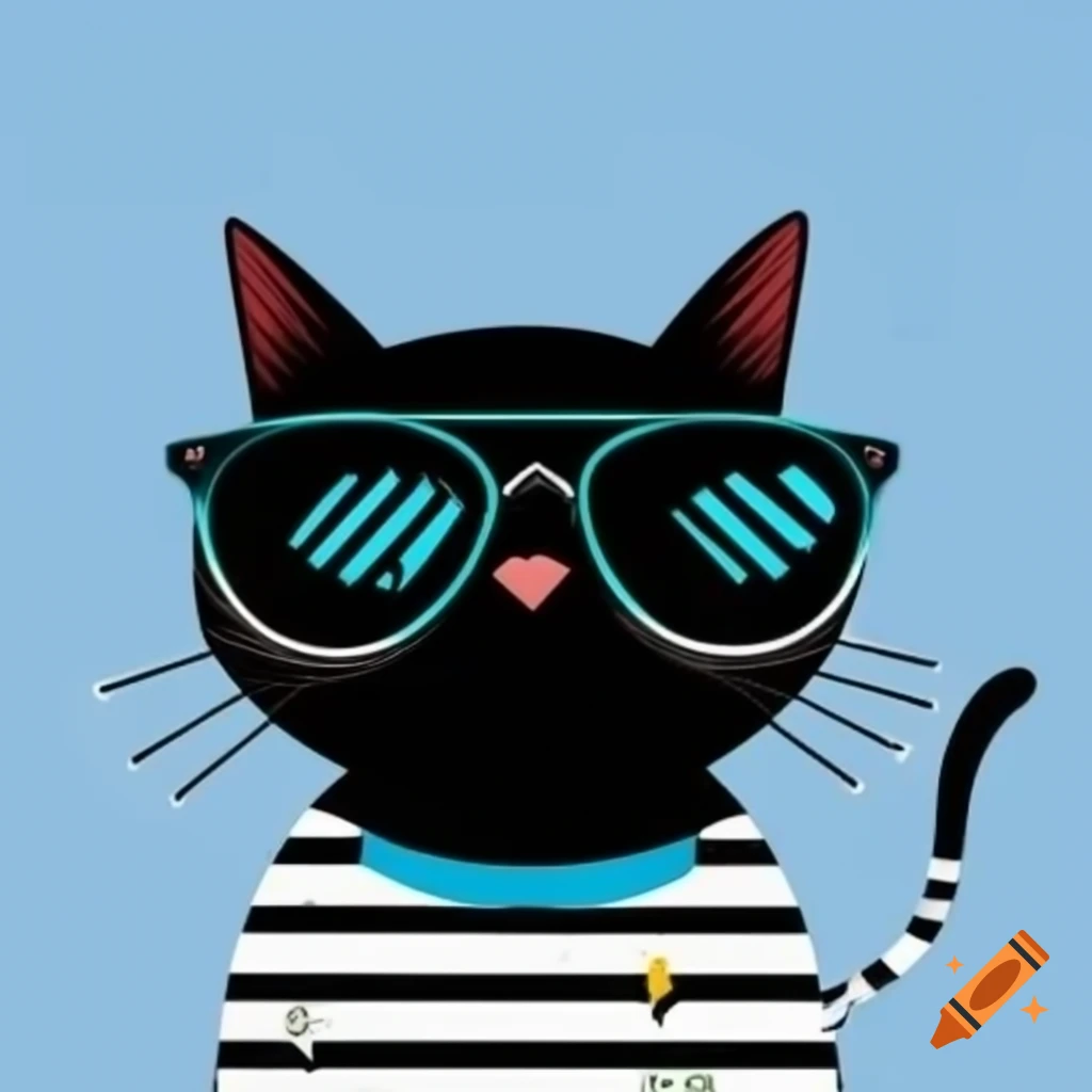 Cartoon art of black cat with pajama stripes and sunglasses