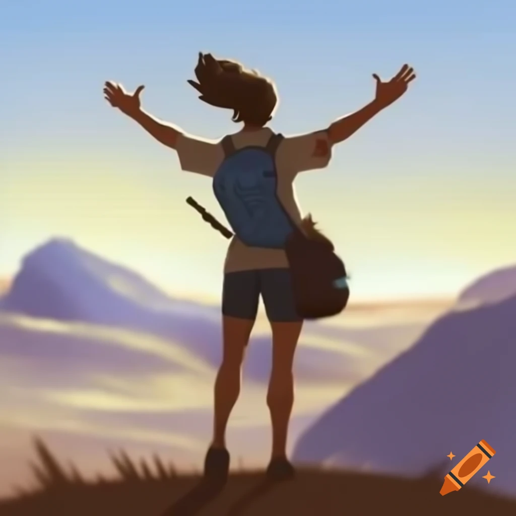 Pencil sketch of person standing on hilltop with arms raised in triumph