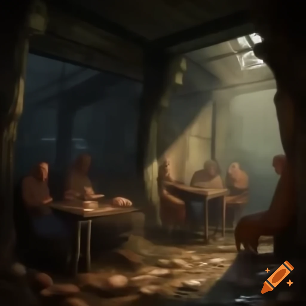 Dark rainy medieval tavern scene with beggars and monks