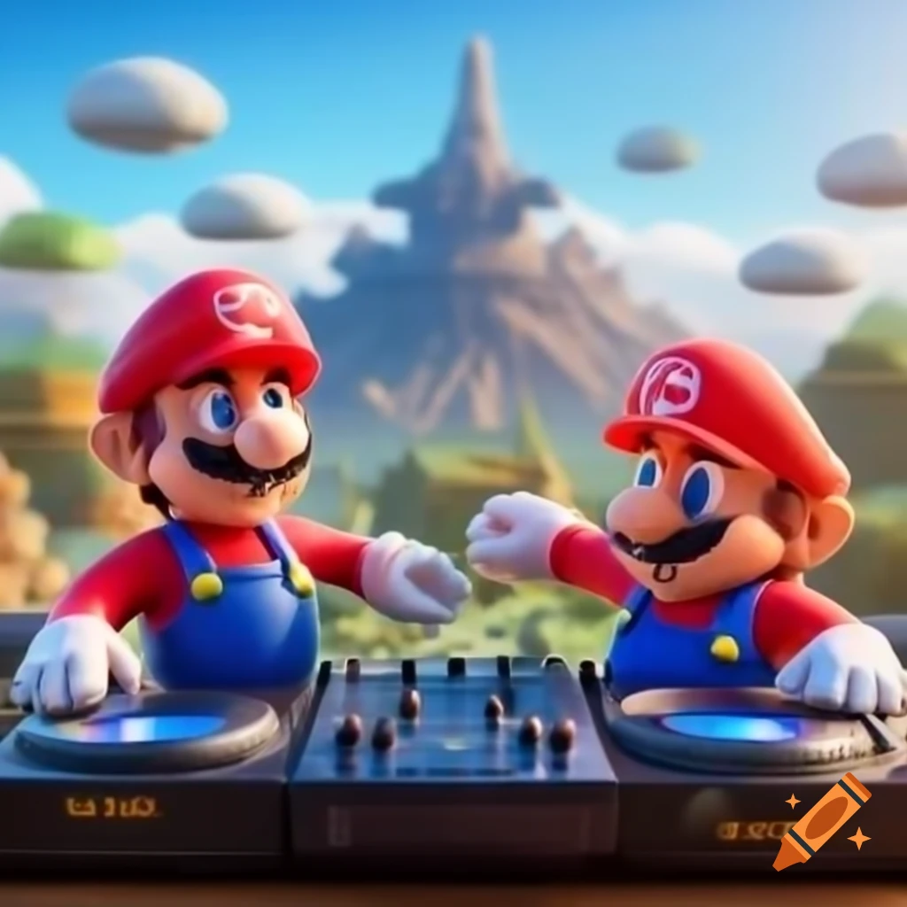 Two Mario brothers DJing with talismans in alien world, Table Mountain backdrop