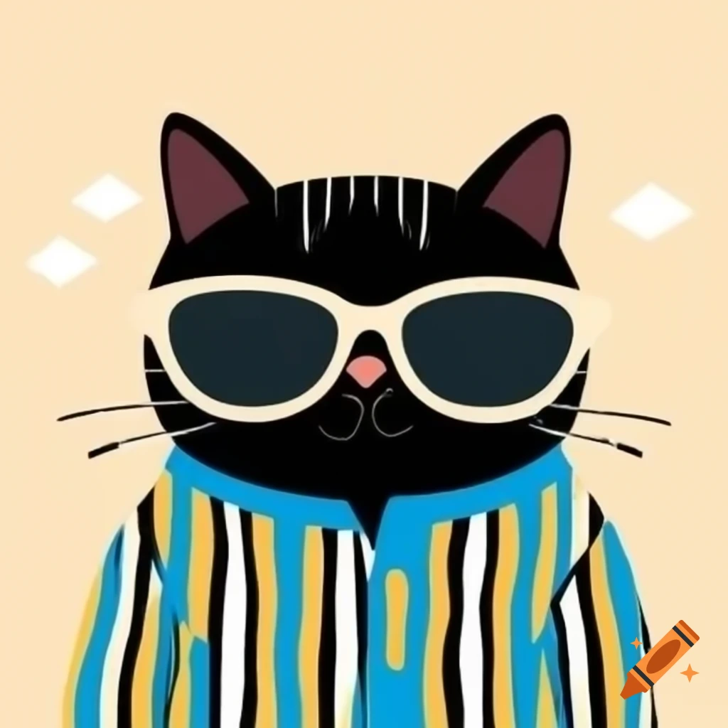 Cartoon art of black cat with pajama stripes and sunglasses