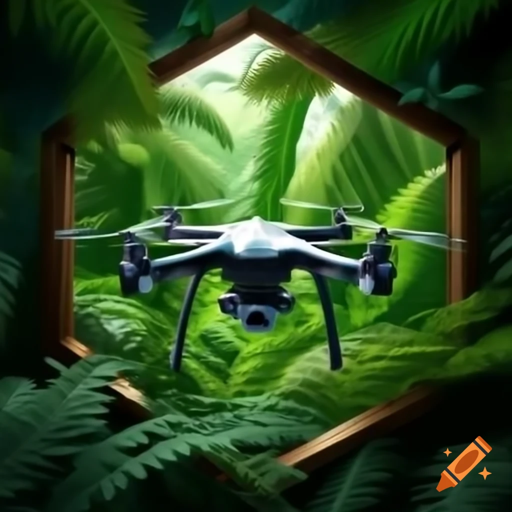 Drones hidden among lush jungle greenery and ferns in a vibrant setting