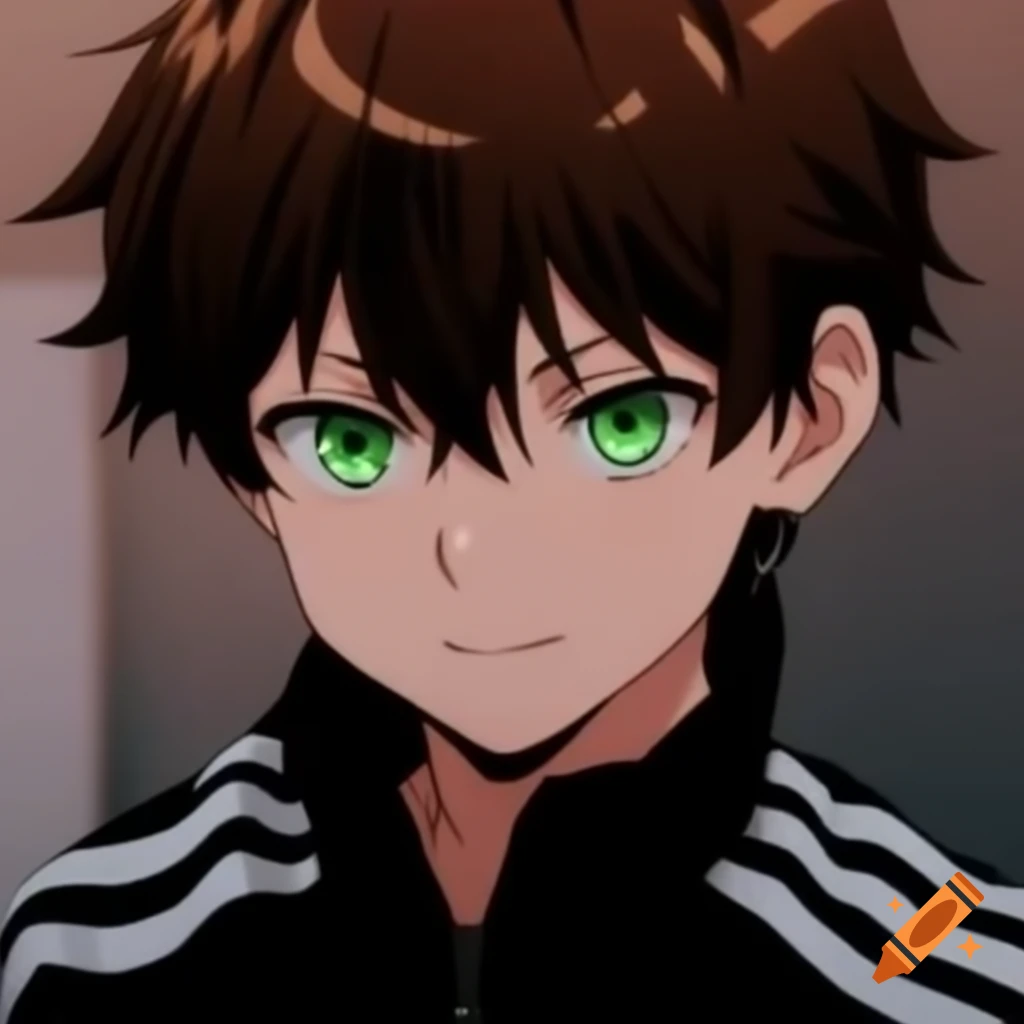 Anime boy with brown hair and dark green eyes wearing a black tracksuit