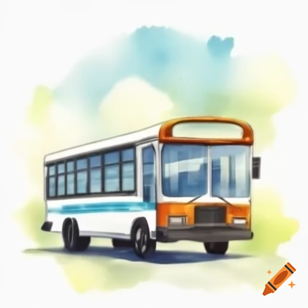 Cartoony watercolor illustration of a bus in 3/4 view