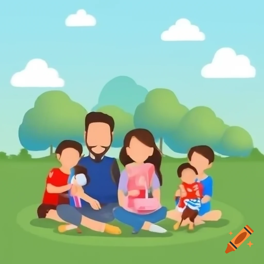 Family sitting in garden with three kids, interracial couple, pin board in the background