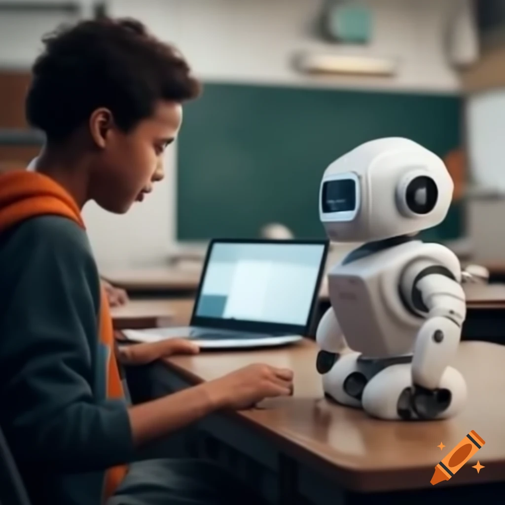 Technology class featuring students working with sumo robot and teacher
