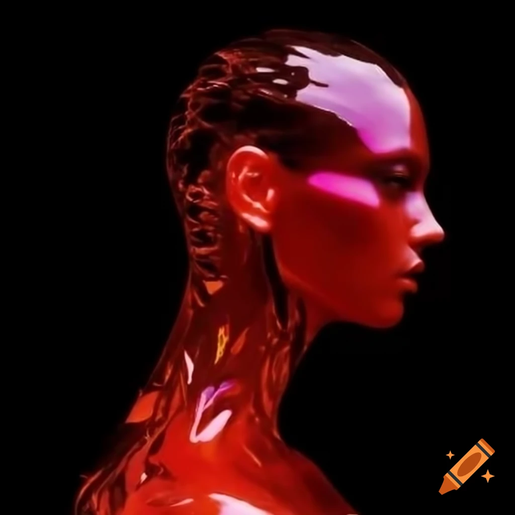 Pop surreal photography featuring iridescent red glass statue