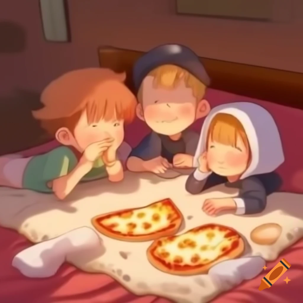 Anime siblings in blanket fort enjoying pizza