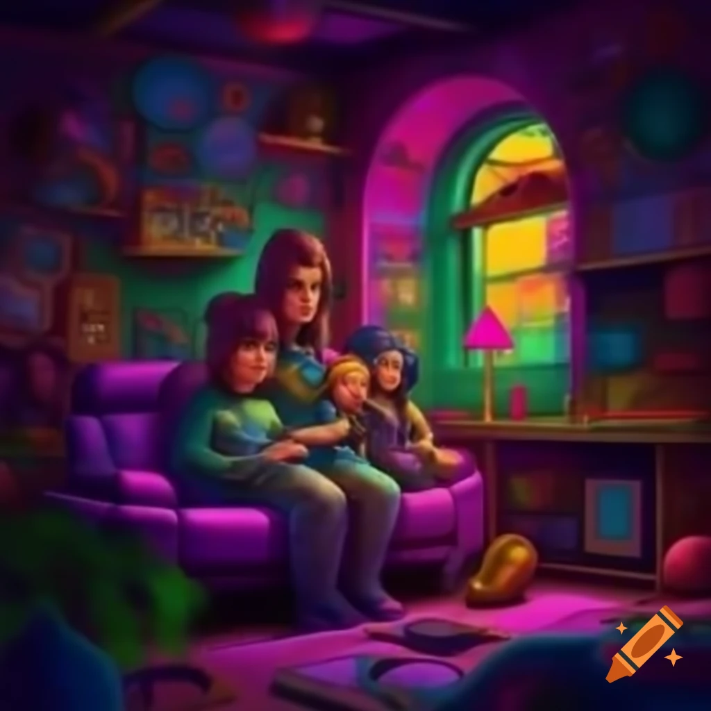 Psychedelic digital art depicting a family theme with techno influences
