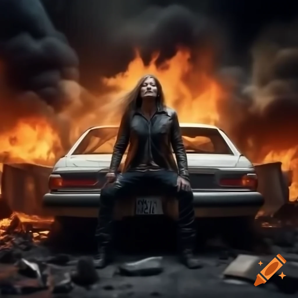 Dramatic crash scene with UAZ Bukhanka car and white piano, rocker in leather suit playing amidst fire