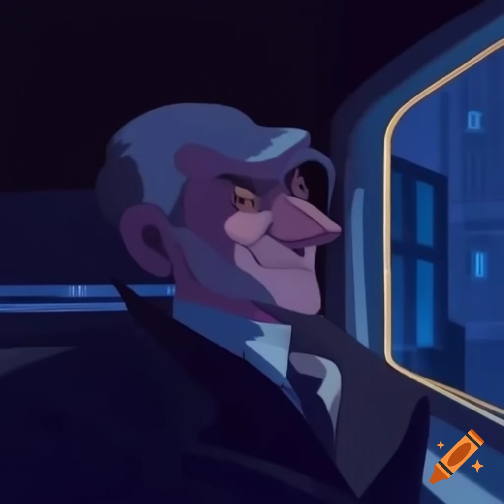 Mysterious mafia boss gazing out car window at night with city lights