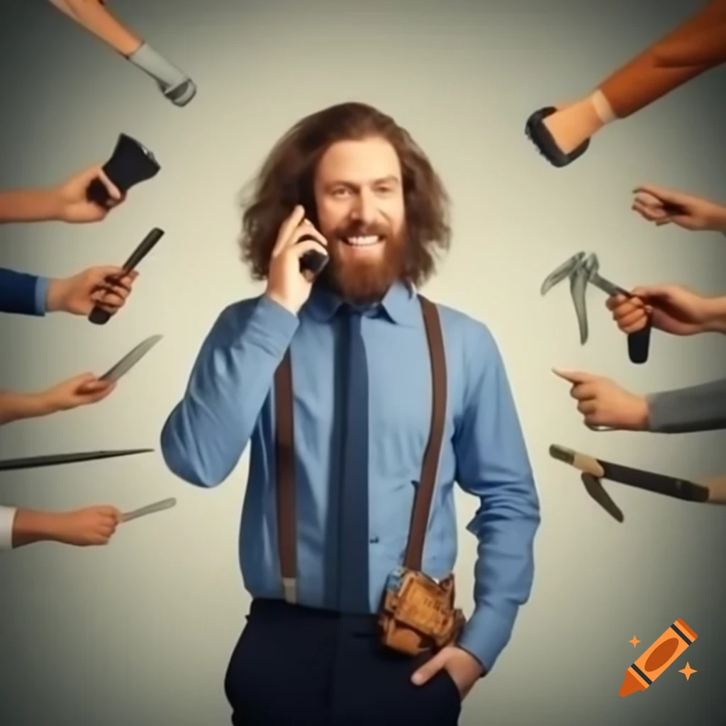 Happy salesman with tools talking on the phone