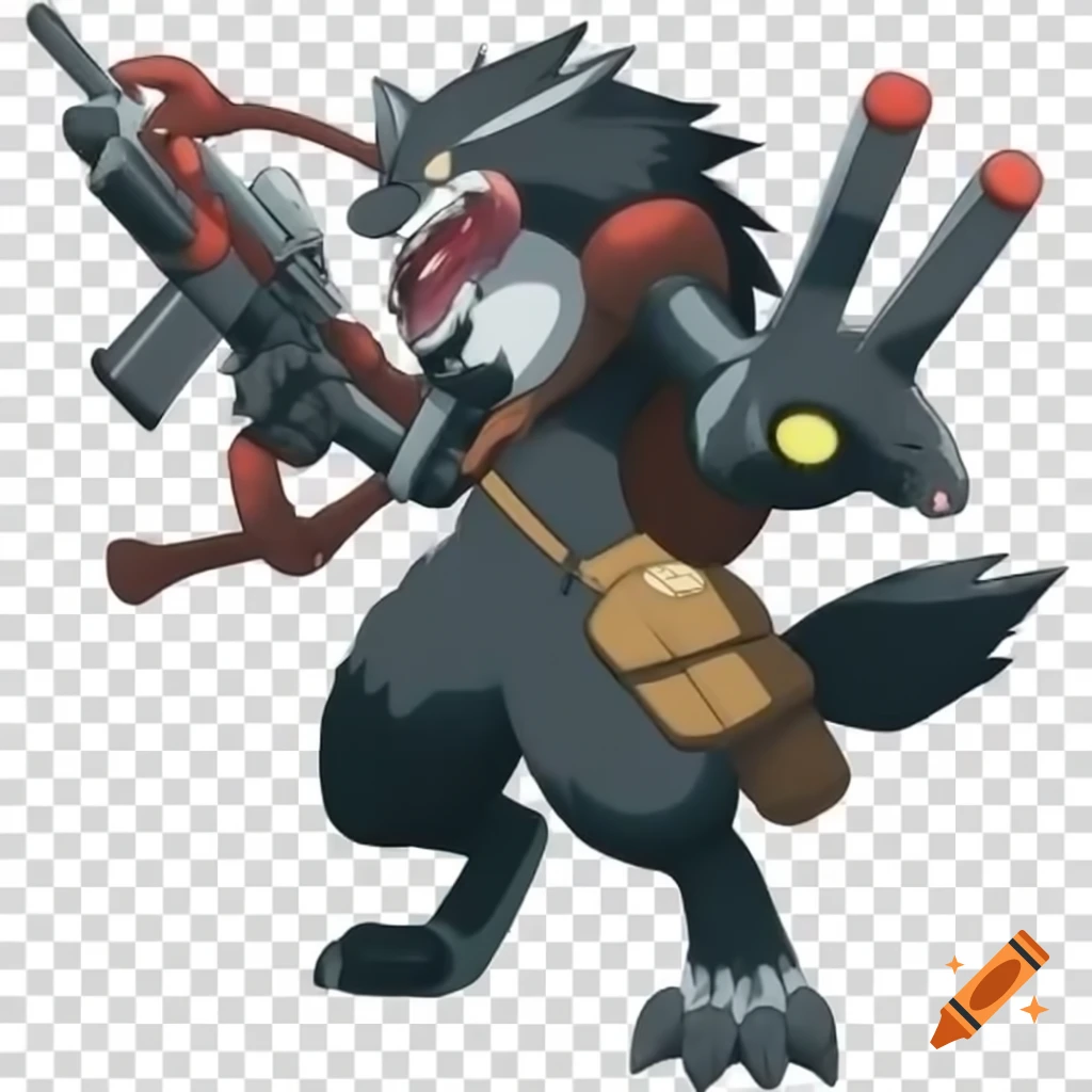 Fierce wolf-like Pokémon with rifles for arms in Sugimori art style