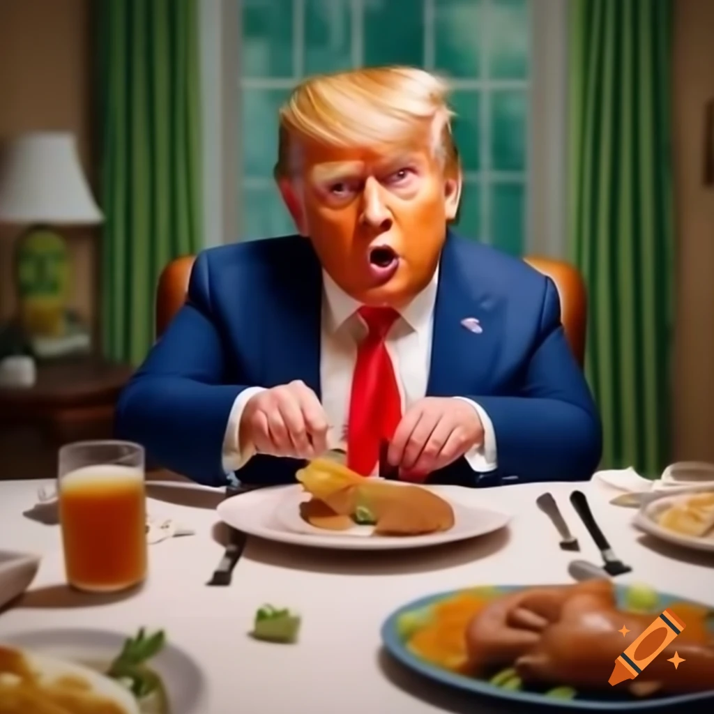 Satirical cartoon of Donald Trump at dinner table with humorous portrayal of eating pets